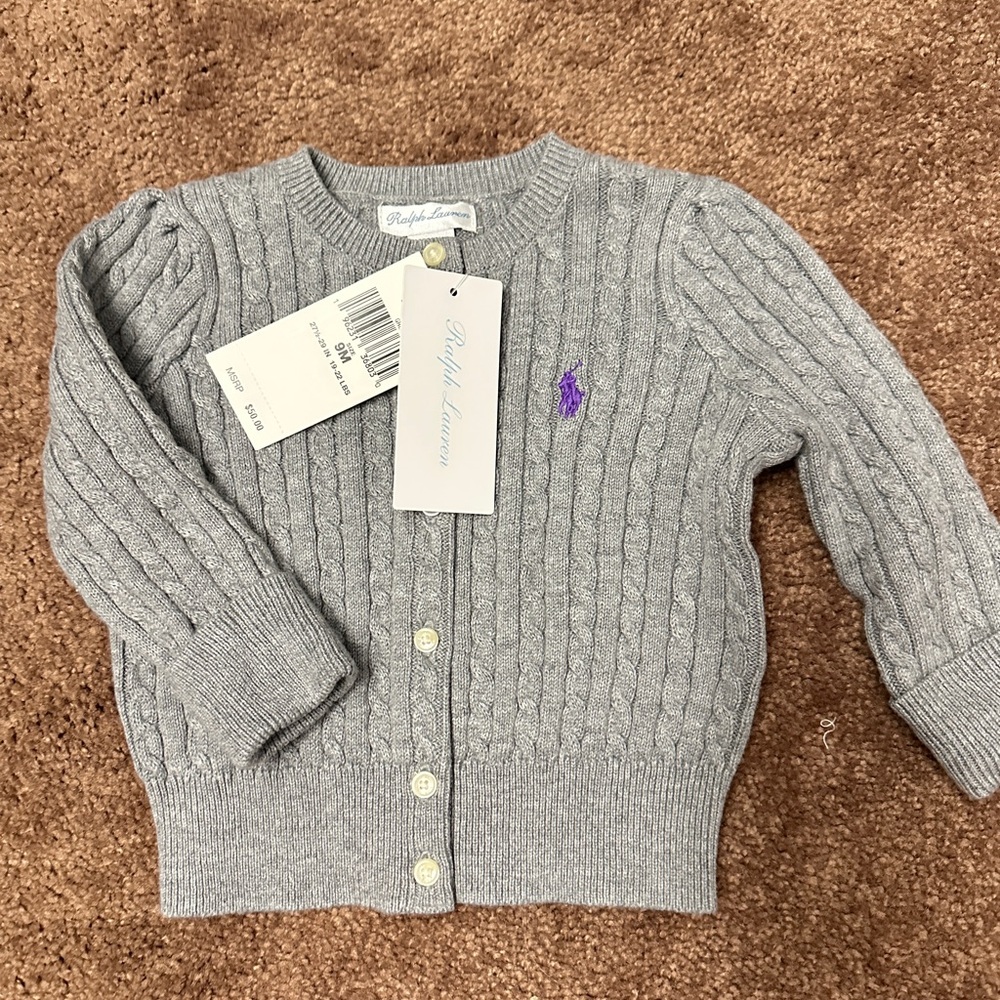 Ralph Lauren Gray Cable Knit Sweater with Purple Logo